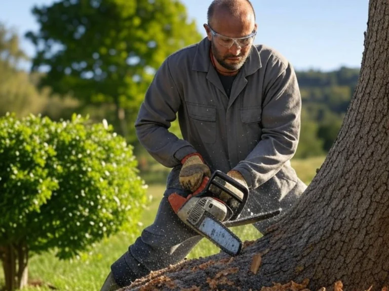 Un élagueur en train d'abattre un arbre dans un jardin privé à Martigues - Abattage d’arbres à Martigues