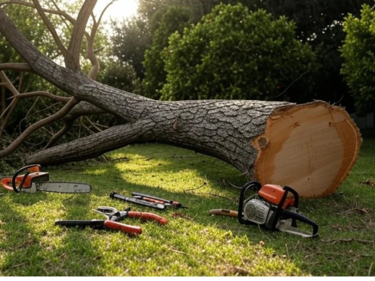 Un grand arbre abattu dans un jardin privé à Martigues, avec des outils professionnels de l'élagueur visibles à côté - Abattage d’arbres à Martigues