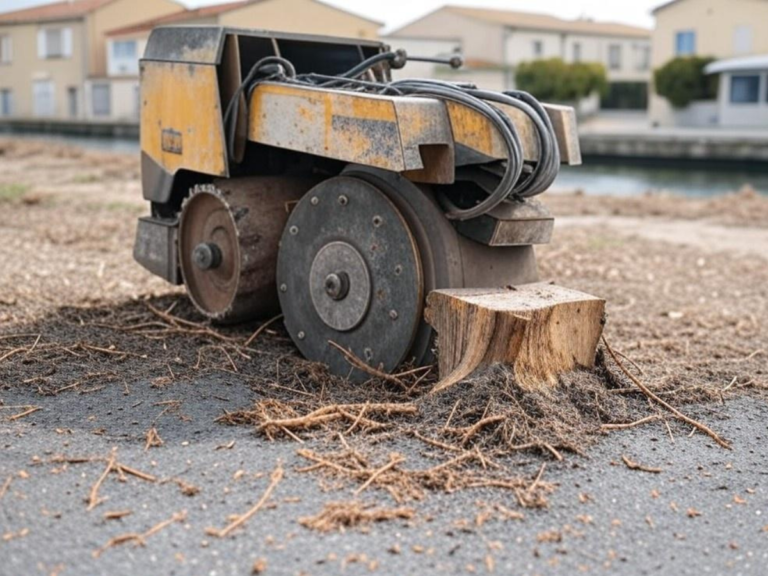 Gros plan sur une machine spécialisée utilisée pour l'extraction de souches d'arbres - Dessouchage à Martigues (13).