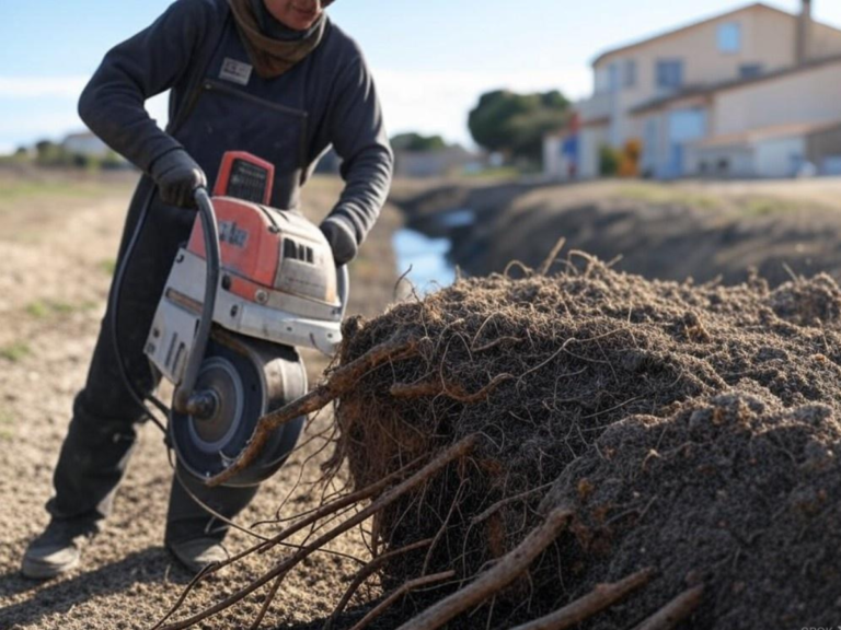 Travail d'extraction de racines profondes avec une machine spécialisée - Dessouchage à Martigues (13).