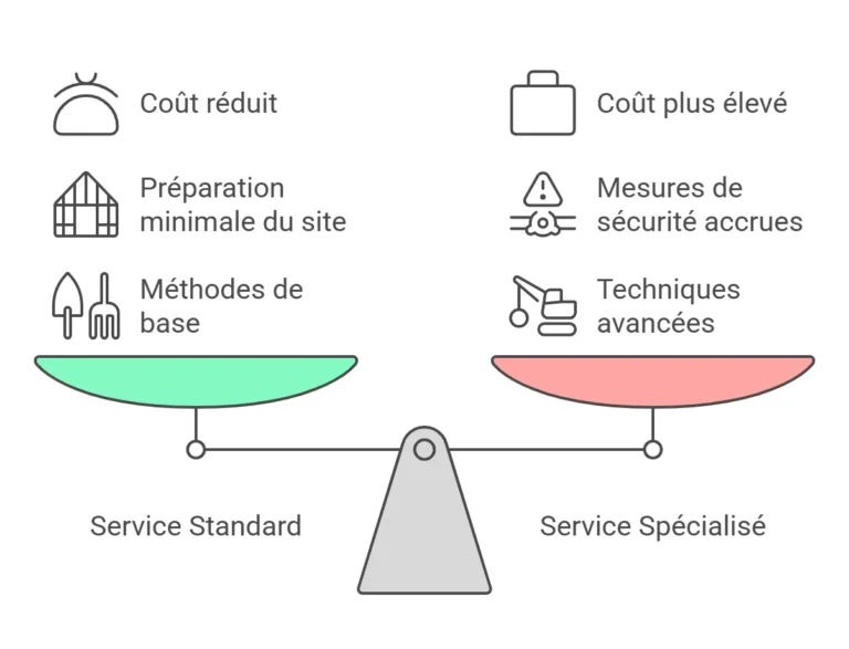 Balance illustrant les différences entre un service standard et un service spécialisé pour les travaux de dessouchage - Dessouchage à Martigues (13).