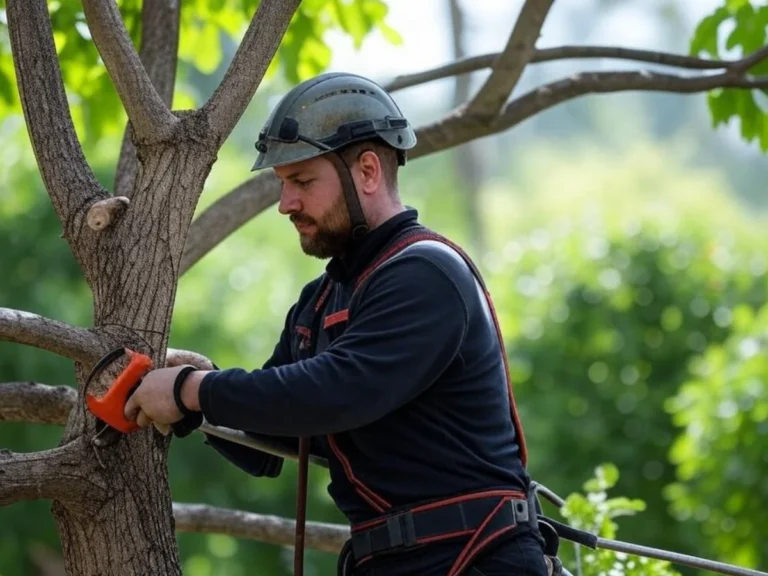 Un élagueur équipé d'un casque et d'un harnais effectuant une taille d'arbre à Martigues (13), entouré de verdure - Elagage d'arbres à Martigues