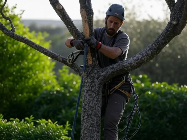 Professionnel effectuant un élagage en hauteur avec équipement de sécurité adapté pour préserver la santé des arbres - Élagage Martigues (13)