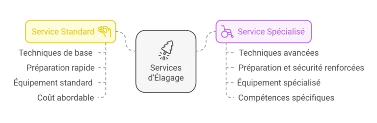 Illustration des différences entre le Service Standard et le Service Spécialisé en élagage, incluant les techniques, équipements et préparation - Élagage Martigues (13).