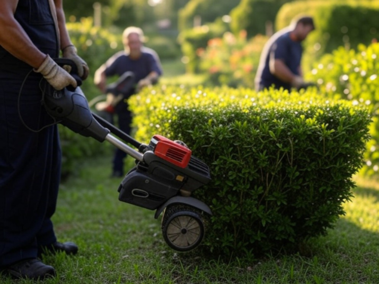 Scène de jardinage avec un professionnel taillant des haies à Martigues, utilisant des taille-haies électriques et divers outils au sol. Taille de haies à Martigues (13)