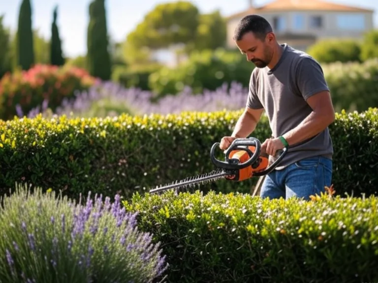 Jardinier professionnel en action, réalisant une taille de haies précise et soignée dans un cadre provençal - Taille de haies à Martigues (13).